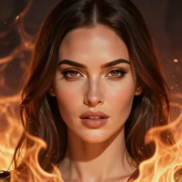 azctec warrior, megan fox, finely detailed perfect face, exquisite details, fire magic, mid view, design on a white background, by studio muti, greg rutkowski makoto shinkai takashi takeuchi studio ghibli