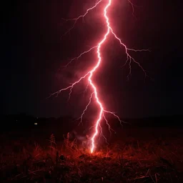 red lightning bolts shoot from the ground, dark night, field, fire is visible on the horizon, high contrast, unsettling photo