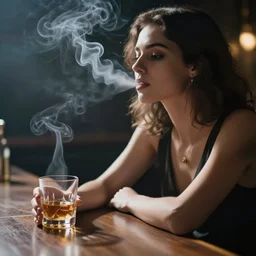 the smoking woman on the bar table with wisky glass, 35mm double-exposure photo, dramatic soft light, deep shadows and colors, photorealistic, detailed smoke and dust, natural textures, sensual, calming, depth of field, ambient occlusion, motion blur, HD, masterpiece, volumetric, chromatic aberration by Richard Avedon, style of Ade Santora, perfect composition, masterpiece, intricate detailed
