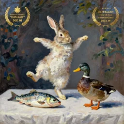 still life painting of a fish rabbit dancing with an angry duck on a white table, impressionism