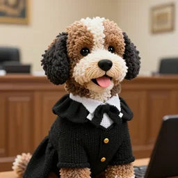 a closeup photorealistic photograph of a cute smiling knitted bernedoodle judge dog dressed in a black gown and presiding over the courthouse. indoors, professional capture, well lit shot. this 4 k hd image is trending on artstation, featured on behance, well - rendered, extra crisp, features intricate detail, epic composition and the style of unreal engine.