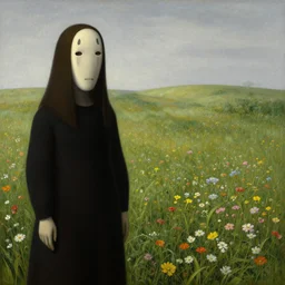 grim reape with no face looking at you in distance in beautiful meadow of flowers, detailed painting by rene magritte