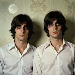 two beautiful but sinister men wearing oxford shirts in layers of fear, with haunted eyes and dark hair, 1 9 7 0 s, seventies, wallpaper, a little blood, moonlight showing injuries, delicate embellishments, painterly, offset printing technique, by brom, robert henri, walter popp