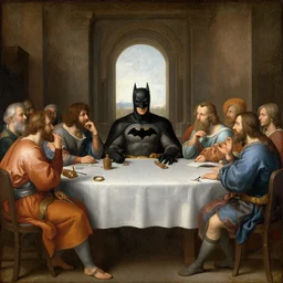 renaissance painting of philosophers having a discussion with batman in the middle of a round table, soft colors,