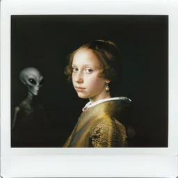An autochrome instax frame of Portrait of a Young Girl by Petrus Christus from Prometheus movie and Alien movie featured in Vogue and Highsnobiety editorial fashion photography, beautiful eyes, symmetry face, haute couture dressed by Givenchy and Salvatore Ferragamo painted by Andrea Pozzo, in porcelain and metal and lush branch