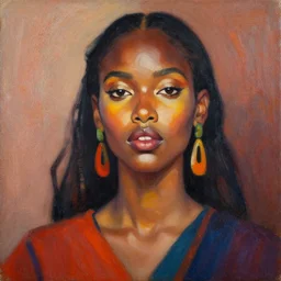 portrait in daring femininity, ethnic, confident face, warm glow, bathed in morning light, captured memory, painterly, radiosity, subtle terrazzo, vibrant color scheme, modern fashion, contemporary art, deep rich hues, oil on canvas