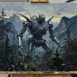 a masterclass painting of a gloomy twilight forest mountain landscape. a giant tangled robotic wire structure looking like glados is hanging from the sky in the middle of the landscape.