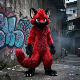 photo ( far _ shot ), subject [ furry _ fandom _ fursona _ original _ character ( red - black, anthropomorphic _ humanoid _ furry, weasel - ferret - stoat ) ], background ( dark _ smokiness ), medium [ graffiti ( spray _ paint, concrete _ wall ) ], location ( favela )