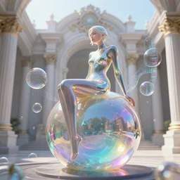 a beautiful ex machina girl sitting on an unfinished klein bottle sculptural, chroma iridescence, colors, glassy, reflective and refractive, soap bubbles floating, sitting on baroque temple architecture background, morning light, biological data streaming