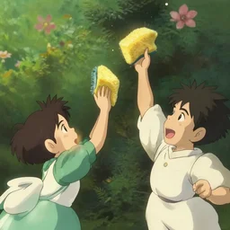 a wholesome animation key shot of two cartoon characters throwing sponges at each other by studio ghibli, animation, sharp, rendered in unreal engine 5, focused, anime key art by greg rutkowski, bloom, dramatic lighting