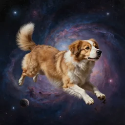 digital painting of dog floating and pooping in space, nebula background, beautiful, hyper detailed