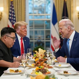 Donald Trump joe Biden and Kim jong un eating dinner