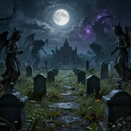 a photograph of an overgrown graveyard with demon statues, scary creatures, cosmic horror, sharp focus, cinematic, high angel distant shot, moonlight, detailed, 4 k, octane render, deviantart,