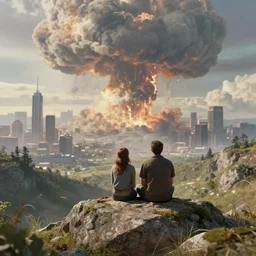 a man and woman sitting together on top of a rock covered serene hillside watching a nuclear explosion in a distant city with skyscrapers, a detailed matte painting by filip hodas, sharp focus, cgsociety, fantasy art, cinematic, artstation hq, vfxfriday, dystopian art, octane render, unreal engine 5