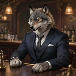 photograph of a male anthropomorphic wolf fursona wearing a nice suit at a bar, deep focus, intricate, elegant, highly detailed, digital painting, artstation, concept art, matte, sharp focus, illustration, d & d, fantasy, hearthstone, art by artgerm and greg rutkowski and alphonse mucha