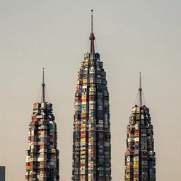 giant towers made up of colourful makeshift squatter shacks, suspension, mamiya, uniform plain sky, fine details, minimalist, photographed by frans lanting