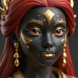 a stunning ultra detailed fantasy fine art portrait photo of a girl, 3 d model, by tom bagshaw, artgerm and natalie shau, black skin with gold makeup, ceramic material with gold accents, red hair, 2 4 mm lens, unreal engine, deep depth of field, perfect eyes and face, soft lighting, artstation, 8 k