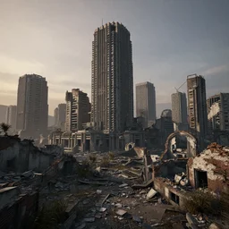 highly detailed octane render of the ruins of an abandoned metropolis at twilight