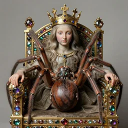 a majestic portrait of a sentient spider wearing a crown, on a throne of gemstones, titian, sam spratt, maxfield parrish, gustav klimt, tom bagshaw, mark ryden, alphonse mucha, high detail, 8 k, intricate ornamental details, vibrant iridescent colors, purple, turquoise, red and gold