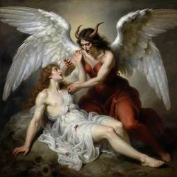 a demon attacking a bleeding angel, painting, extremely detailed, elegant, hyperrealistic