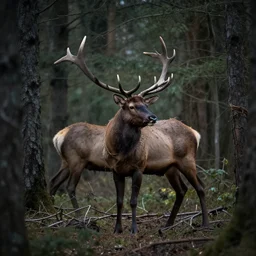 an elk made of ( ( ( ( vines and branches ) ) ) )!!!!! stands in the middle of a dark forest