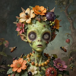 portrait of a punk rock teenage zombie alien made out of flowers, fruit and insects in the style of arcimboldo and hieronymous bosch, baroque, surreal, high quality octane render, artstation, cartoonish, highly detailed