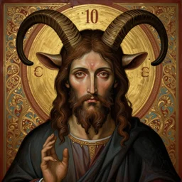 hyper detailed ultra sharp orthodox baphomet goat jesus icon, occult, sardonic man, piercing gaze, trending on artstation, byzantine aesthetic, doom, religious, sinister, ornate, intricate, digital painting, concept art, smooth, sharp focus, illustration, art by josan gonzalez, greg rutkowski, killian eng and zdizslaw beksinski