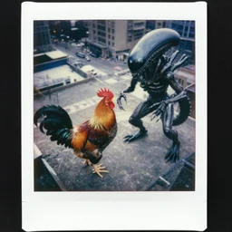 still image taken from sci fi horror movie of a giant rooster fights an alien monster in the city. aerial shot, 1 9 8 0 s polaroid photo - journalism flash photography. 1 9 7 0.