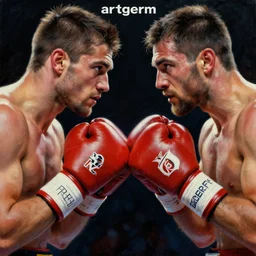 a fight promotional poster of two boxers facing off, 8 k, stunning detail, works by artgerm, oil on canvas by gerald brom and greg rutkowski, michael cheval, peter murbacher, boris vallejo, jessica rossier, cinematic lighting, high detail, masterpiece, a lot of wow, artstation headquarters