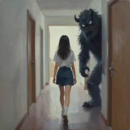a painting of a girl walking in a hallway blocked by a scary monster blocking her way, artstation