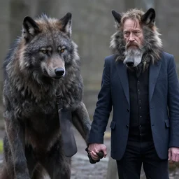 a photograph of john c reilly holding hands with a werewolf
