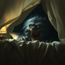 under the bed a big monster hides, scary, furry, big eyes, sharp teeth, dark, dramatic lighting, pixar bedroom scene, cinematic, highly detailed, highly realistic painting by ruan jia and artgerm and greg rutkowski and wlop and beeple