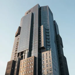 a skyscraper built in brutalist architecture, diverse unique building geometry full of shapes and corners
