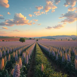 corn sowing, panorama, style guido borelli, artstation, cinematografic, vivid pastel colors