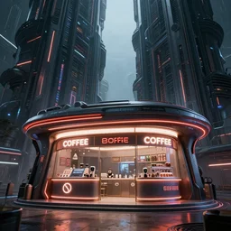 an awesome and stunning cyberpunk future bio coffee station storefront bridging two dark epic towers, 4k, octane render, concept art, sharp detail, by josan gonzalez, bladerunner, moebius, syd mead