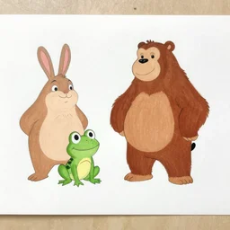 drawing from 1 9 2 0's disney animation, monkey polar bear, fat rabbit frog, white paper