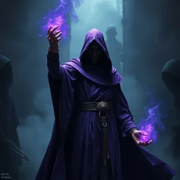 wide shot, acolyte sorcerer, ( ( ( in a purple magician robe ) ) ), with a mask, dark fantasy matte painting by alex horley and michael whelan