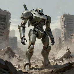 a bipedal mech standing among the rubble of a destroyed city by simon stalenhag, artstation, mecha, military, science fiction, digital painting, 4 k