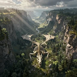 fantasy landscape. very wide valley with a giant dragon skeleton at the bottom ( central ), woodland growing around the skeleton. digital art.