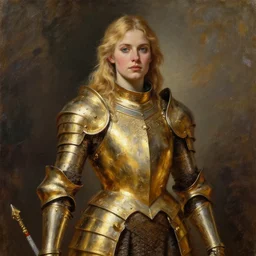 beautiful female warrior, half body portrait, blond hair, heavy gold armour, realistic oil painting by Thomas Cole and Wayne Barlowe