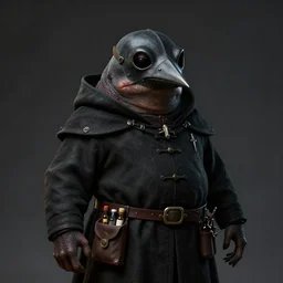 a portrait, a chubby amphibious humanoid wearing a pointy bird style black plague doctor mask, short in stature, wearing black medieval robes, medical doctor, small vials and pouches attached to belt, pointy mask, style by donato giancola, wayne reynolds, jeff easley dramatic light, high detail, cinematic lighting, artstation, dungeons and dragons