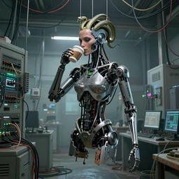 the torso of fully a mechanical terminator lady with borg implants, human face and robotic snakes coming out of her head is hanging from cables and wires off the ceiling of an abandoned computer lab and plugged into a quantum computer. Her bottom half is missing with cables hanging out. She is taking a sip from a cup of coffee. Tiny green led lights in her cybernetics. very detailed 8k. Steampunk horror style.