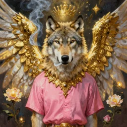 full body oil painting of smoking wolf wearing pink shirt, in the style of sophie anderson, angel wings, angelic golden armor, dramatic painting, symmetrical composition, ornate, high detail, gold detailed collar, blooming, lights, flowers,