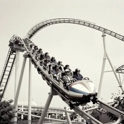a roller coaster designed by MC Escher, top earning attraction, best amusement park, on-ride photo, 1966