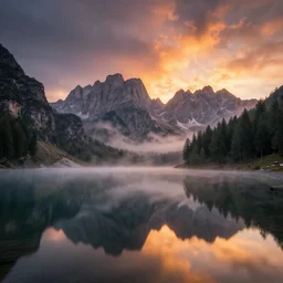 beautiful landscape photography by marc adamus, dolomites, a lake, mist, reflections, sunset, dramatic sky