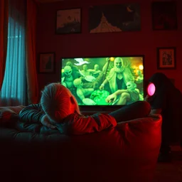 a witcher man lying on couch front of tv, depressed, vibrant, life changing, dramatic, digital art, ultra sharp, extreme details