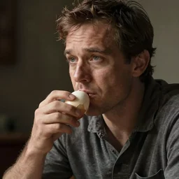 a man eating the last egg while looking sad, realistic photo,