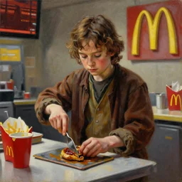 film still of frodo working at mcdonalds in the new batman movie, oil on canvas, intricate, 8 k highly professionally detailed, hdr, cgsociety