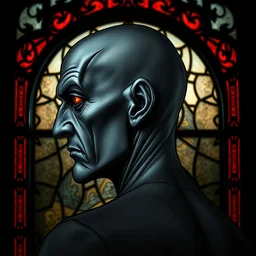 gothic stained glass window, side - view portrait of an evil 6 5 year old man, grey skin, blemished skin, red eye shadow, bald and shaven, masterful, backlit