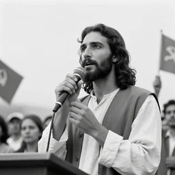 photograph of Jesus holding a speech at a communist rally, black and white, on stage, banners with hammer and sickle in background,